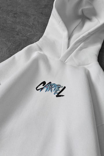 Erkek Beyaz Cartel Kabartma Baskılı Kapüşonlu Oversize Sweatshirt