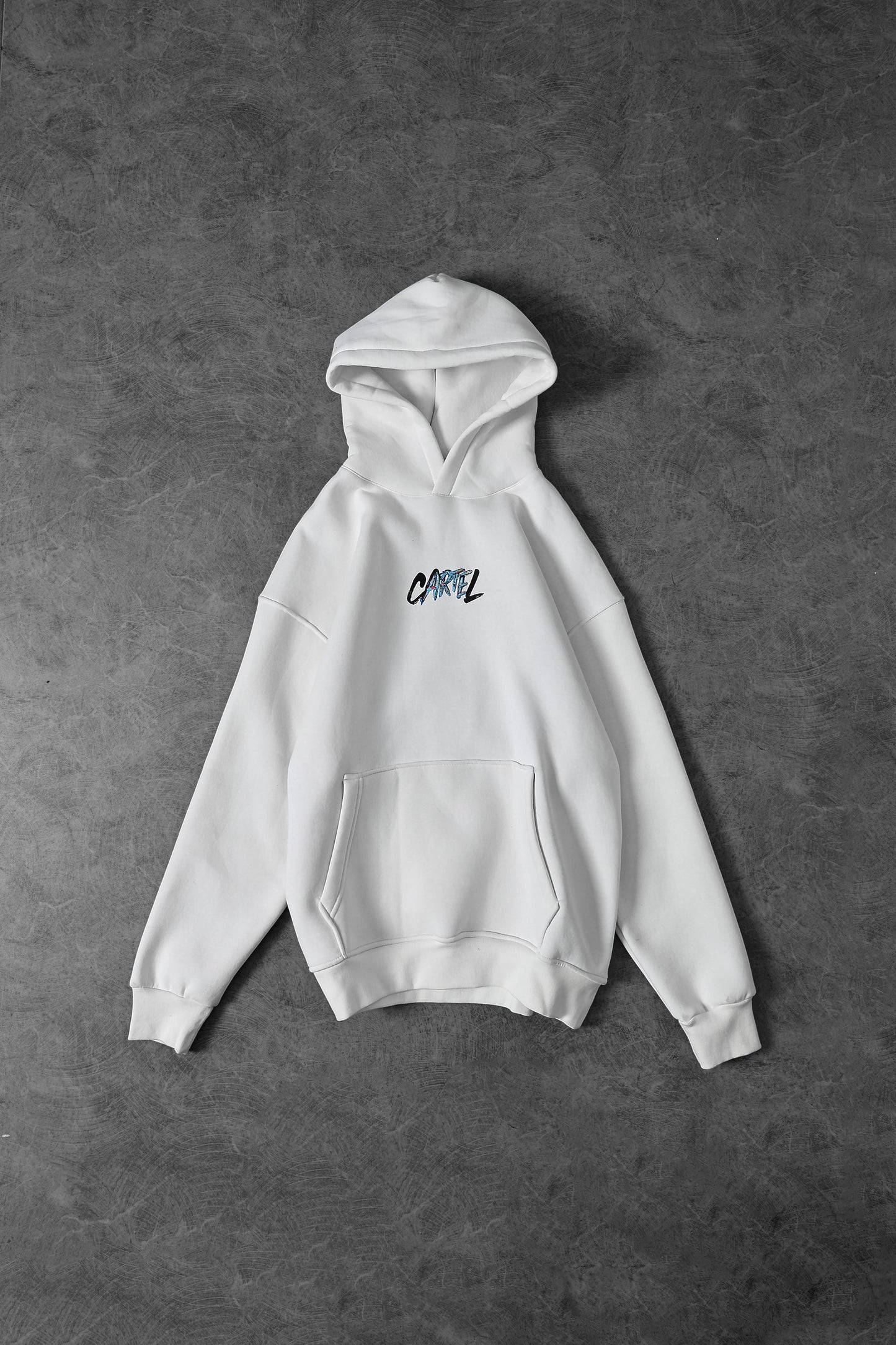 Erkek Beyaz Cartel Kabartma Baskılı Kapüşonlu Oversize Sweatshirt
