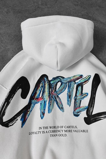 Erkek Beyaz Cartel Kabartma Baskılı Kapüşonlu Oversize Sweatshirt