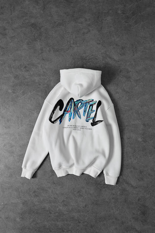 Erkek Beyaz Cartel Kabartma Baskılı Kapüşonlu Oversize Sweatshirt