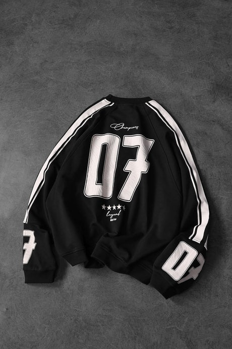 B Erkek Siyah 07 Champions Baskılı Oversize Sweatshirt